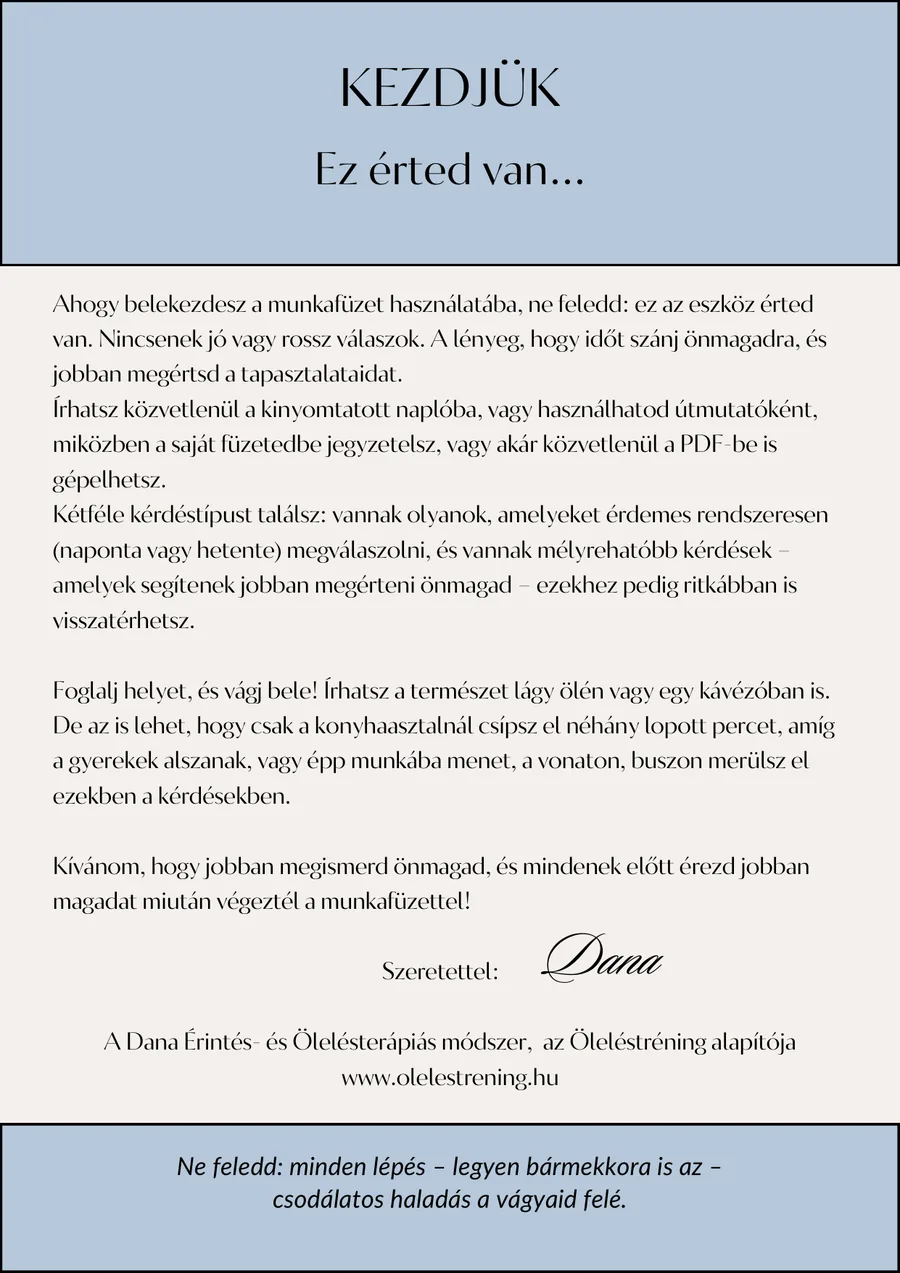 Kezdjük – Dana ajánlása a munkafüzet elején
